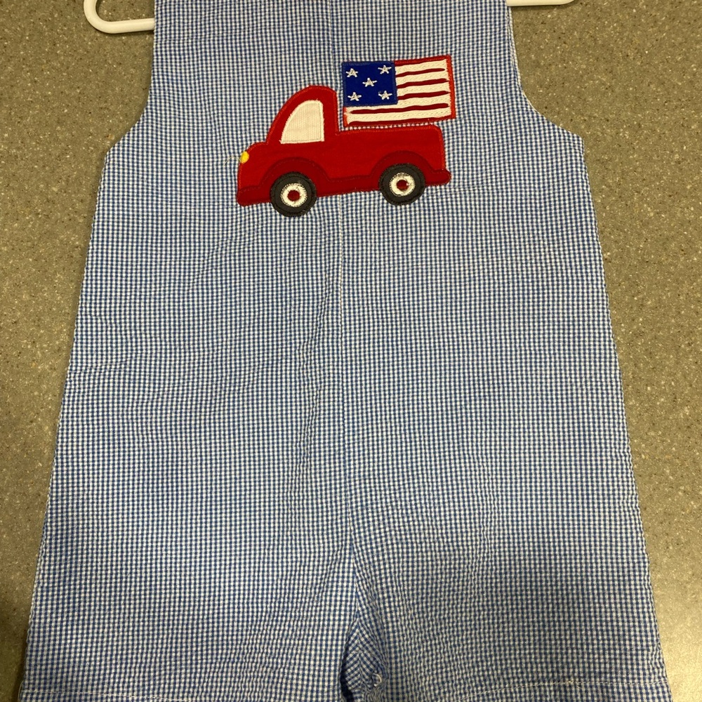 Petit Ami Blue Gingham Overalls with Red Truck